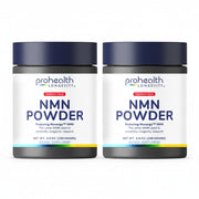 Two bottles of ProHealth Longevity Essentials NMN Powder dietary supplement featuring Nexergy™ NMN in a 100-gram powder jar designed to support cellular energy and healthy aging routines.