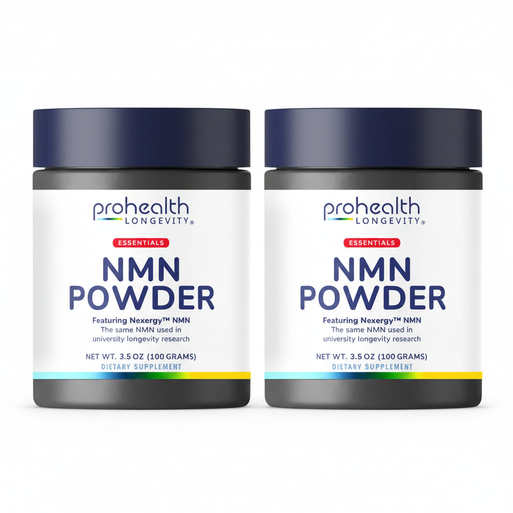 Two bottles of ProHealth Longevity Essentials NMN Powder dietary supplement featuring Nexergy™ NMN in a 100-gram powder jar designed to support cellular energy and healthy aging routines.