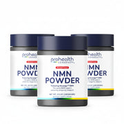 Three bottles of ProHealth Longevity Essentials NMN Powder dietary supplement featuring Nexergy™ NMN in a 100-gram powder jar designed to support cellular energy and healthy aging routines.