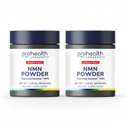 Two bottles of ProHealth Longevity Essentials NMN Powder dietary supplement featuring Nexergy™ NMN in a 30-gram powder jar designed to support cellular energy and healthy aging routines.