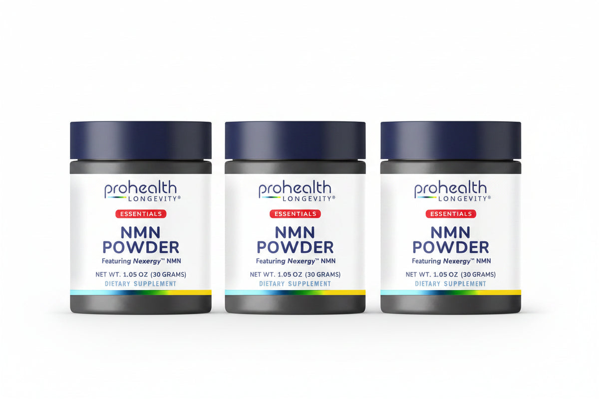 Three bottles of ProHealth Longevity Essentials NMN Powder dietary supplement featuring Nexergy™ NMN in a 30-gram powder jar designed to support cellular energy and healthy aging routines.