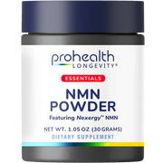 ProHealth Longevity Essentials NMN Powder dietary supplement featuring Nexergy™ NMN in a 30-gram powder jar designed to support cellular energy and healthy aging routines.