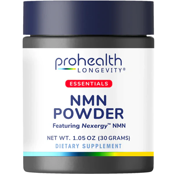 ProHealth Longevity Essentials NMN Powder dietary supplement featuring Nexergy™ NMN in a 30-gram powder jar designed to support cellular energy and healthy aging routines.