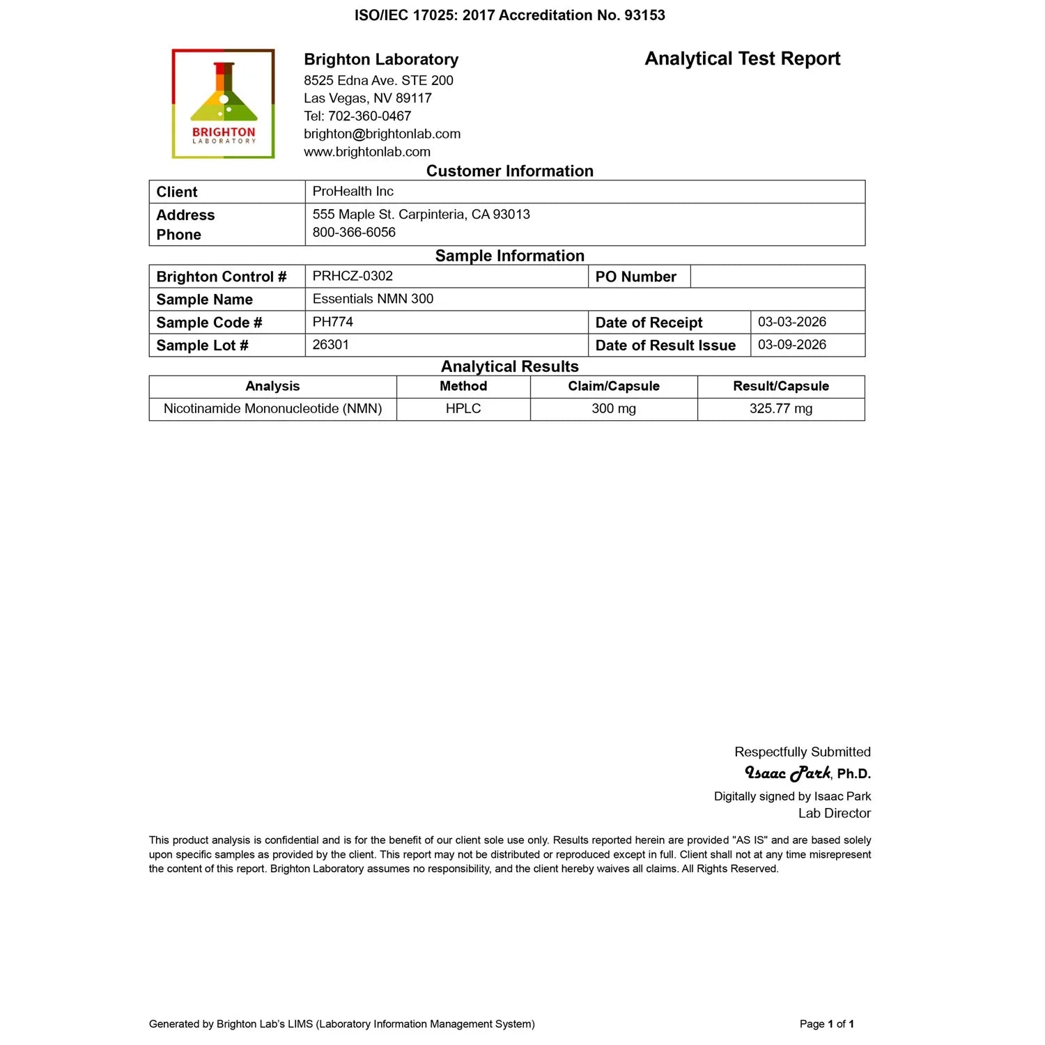 Analytical test report from Brighton Laboratory showing ProHealth Longevity Essentials NMN 300 third-party testing results for nicotinamide mononucleotide (NMN) content and purity verification.
