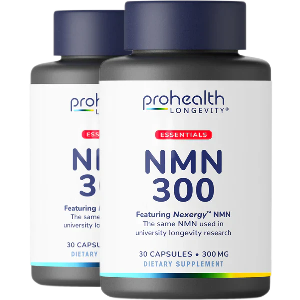 Two bottles of ProHealth Longevity Essentials NMN 300 featuring Nexergy™ NMN in 300 mg capsules for NAD+ and cellular wellness support.
