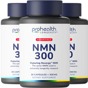 Three bottles of ProHealth Longevity Essentials NMN 300 dietary supplement featuring Nexergy™ NMN designed to support cellular energy and healthy aging wellness routines.