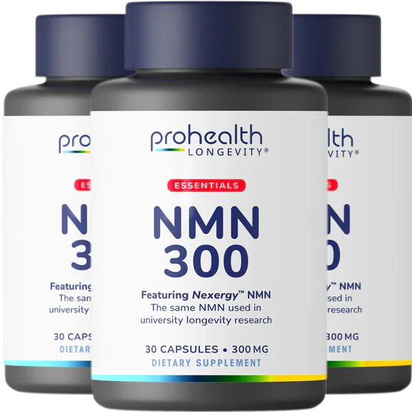Three bottles of ProHealth Longevity Essentials NMN 300 dietary supplement featuring Nexergy™ NMN designed to support cellular energy and healthy aging wellness routines.