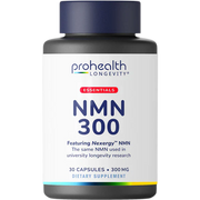 ProHealth Longevity Essentials NMN 300 dietary supplement bottle featuring Nexergy™ NMN with 30 capsules and 300 mg per serving for cellular energy and longevity-focused wellness routines.