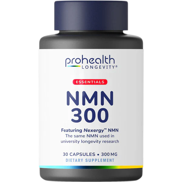 ProHealth Longevity Essentials NMN 300 dietary supplement bottle featuring Nexergy™ NMN with 30 capsules and 300 mg per serving for cellular energy and longevity-focused wellness routines.
