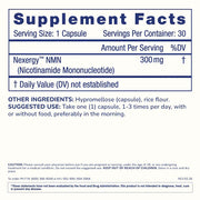 Supplement Facts label for ProHealth Longevity Essentials NMN 300 showing 300 mg Nexergy™ NMN per capsule, 30 servings per container, suggested use, and ingredient details.