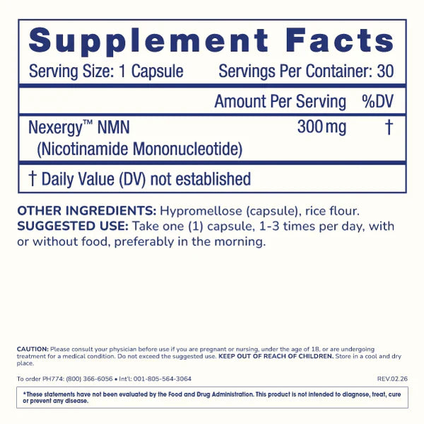 Supplement Facts label for ProHealth Longevity Essentials NMN 300 showing 300 mg Nexergy™ NMN per capsule, 30 servings per container, suggested use, and ingredient details.
