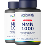 Two bottles of ProHealth Longevity Essentials NMN 1000 with 1000 mg per serving designed for NAD+ support and cellular wellness routines.