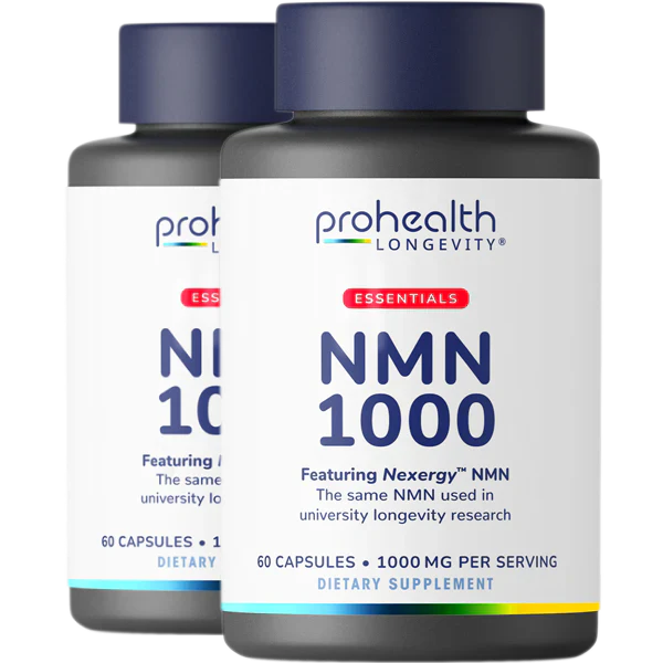 Two bottles of ProHealth Longevity Essentials NMN 1000 with 1000 mg per serving designed for NAD+ support and cellular wellness routines.