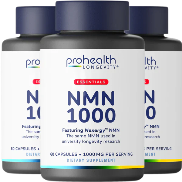 Three bottles of ProHealth Longevity Essentials NMN 1000 featuring Nexergy™ NMN dietary supplement formulated to support cellular energy and healthy aging routines.