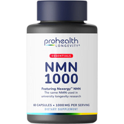 ProHealth Longevity Essentials NMN 1000 dietary supplement bottle featuring Nexergy™ NMN with 60 capsules and 1000 mg per serving for cellular energy and longevity-focused wellness support.