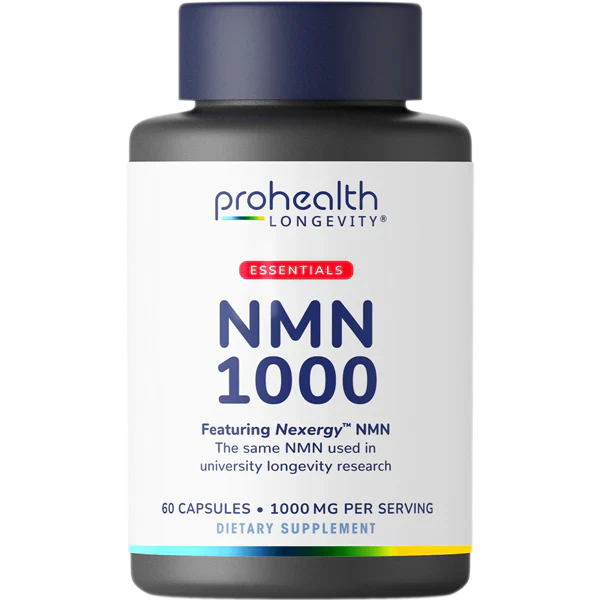 ProHealth Longevity Essentials NMN 1000 dietary supplement bottle featuring Nexergy™ NMN with 60 capsules and 1000 mg per serving for cellular energy and longevity-focused wellness support.