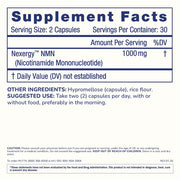 Supplement Facts label for ProHealth Longevity Essentials NMN 1000 showing 1000 mg Nexergy™ NMN per serving, 60 capsules per bottle, suggested use, and ingredient details.