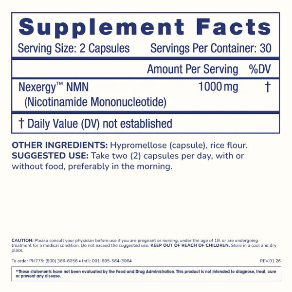 Supplement Facts label for ProHealth Longevity Essentials NMN 1000 showing 1000 mg Nexergy™ NMN per serving, 60 capsules per bottle, suggested use, and ingredient details.