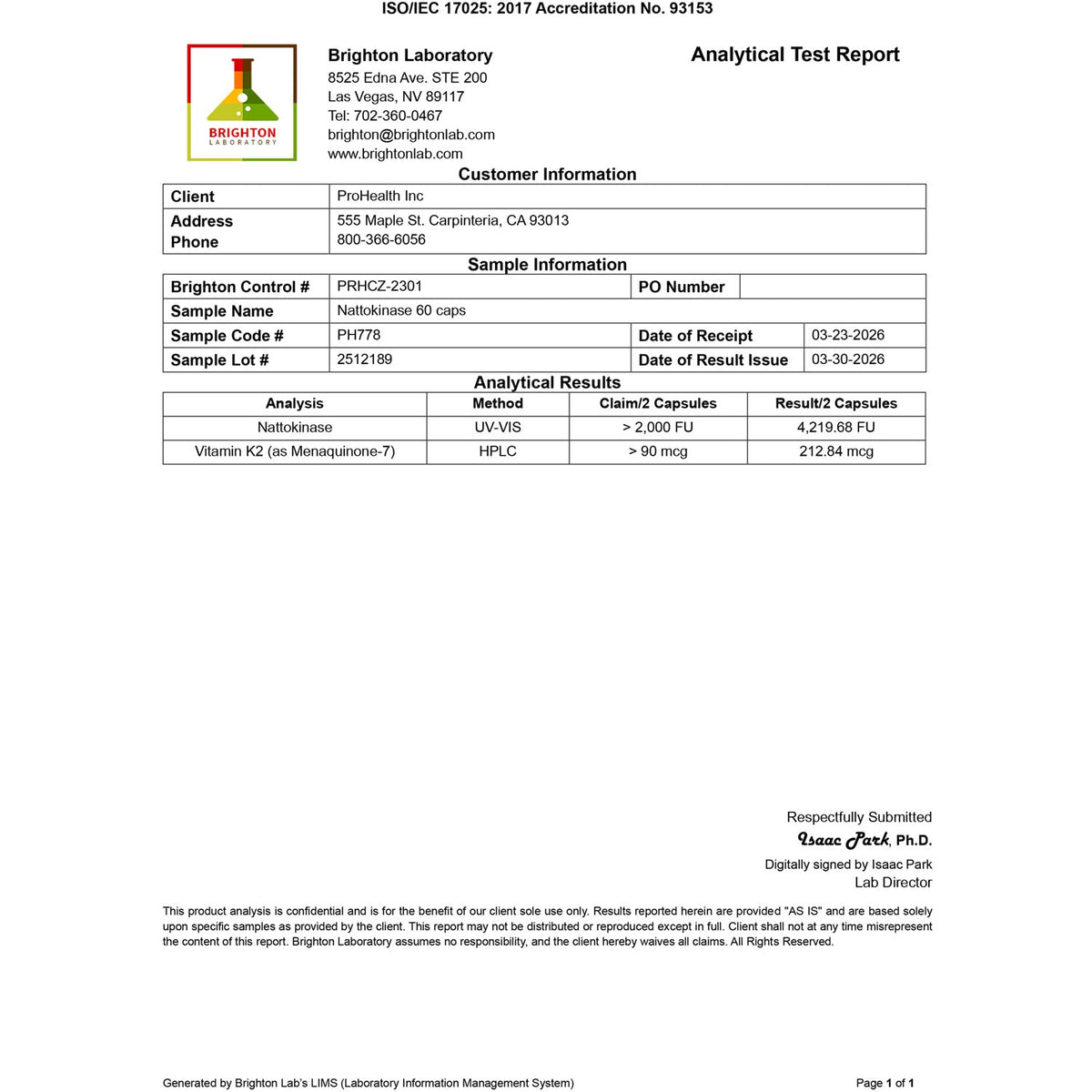 Brighton Laboratory Certificate of Analysis for ProHealth Nattokinase Pro 2000, lot 2512189, dated March 30, 2026