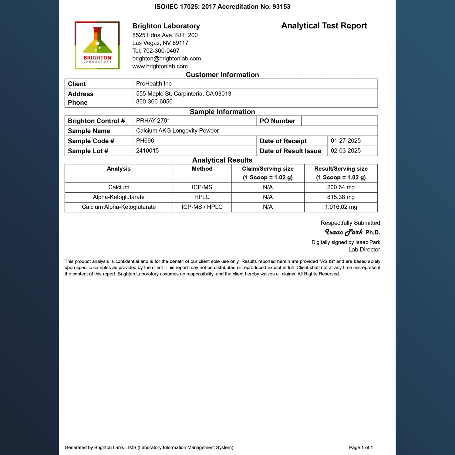 Calcium AKG Longevity Powder - 100 grams - Analytical Test Report