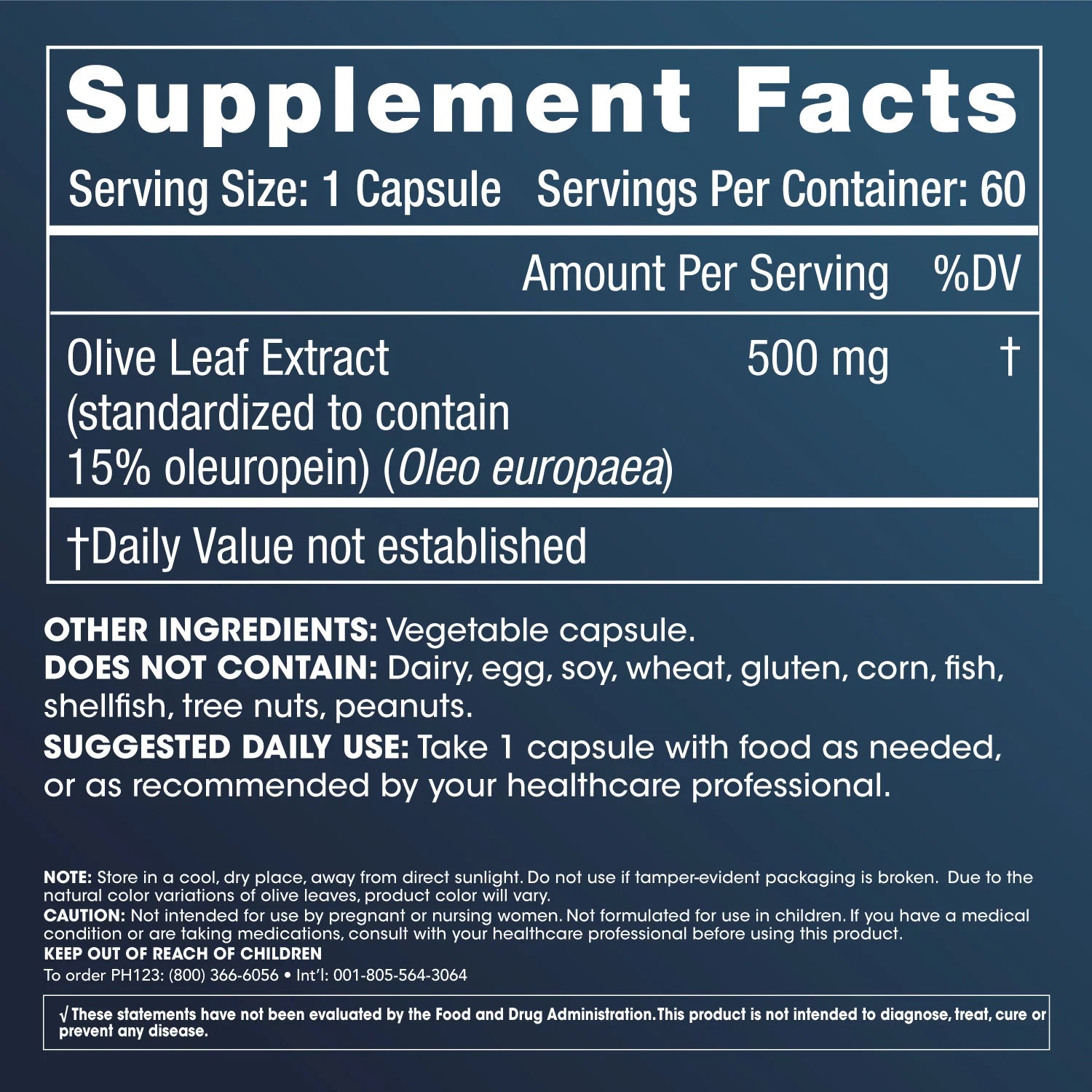 ProHealth Longevity Olive Leaf Extract - 15% Oleuropein - 500 mg, 60 capsules Supplement Facts