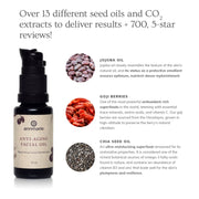 Annmarie Anti-Aging Facial Oil featuring chia seed oil, goji berry seed oil, broccoli seed oil, and jojoba oil