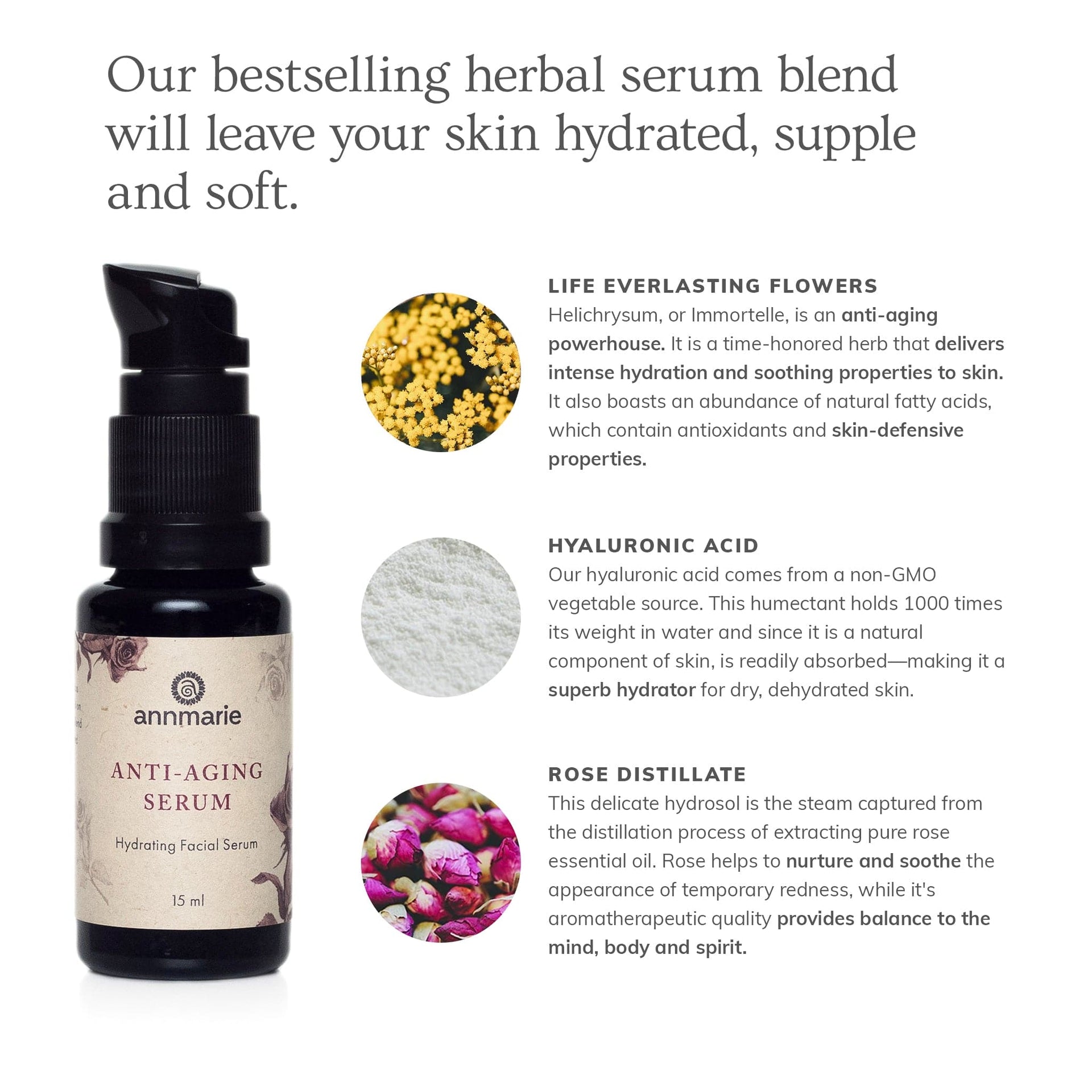 Annmarie Anti-Aging Serum featuring hyaluronic acid, edelweiss, life everlasting flowers, and botanical extracts