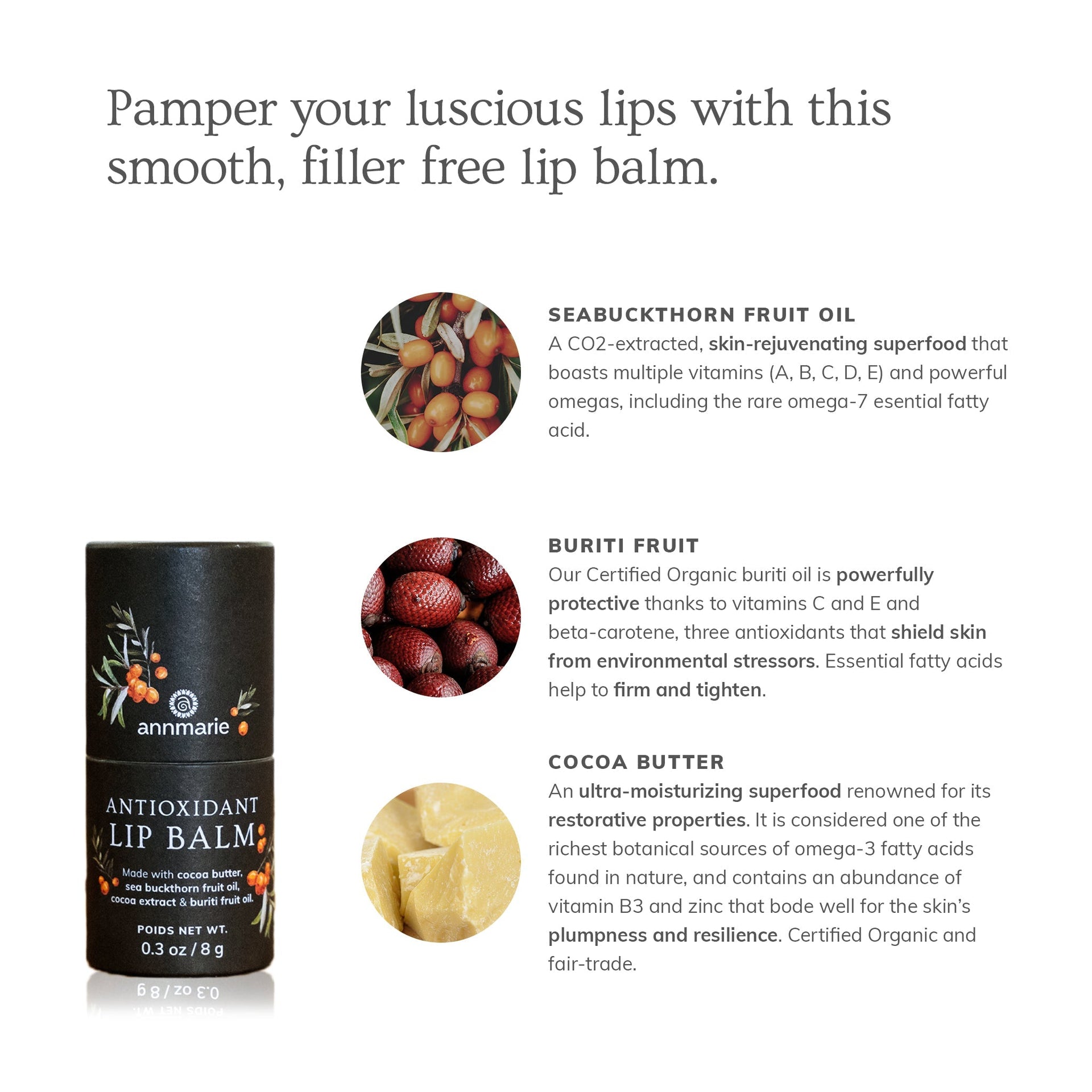 Annmarie Antioxidant Lip Balm featuring cocoa butter, cocoa extract, buriti oil, and sea buckthorn oil