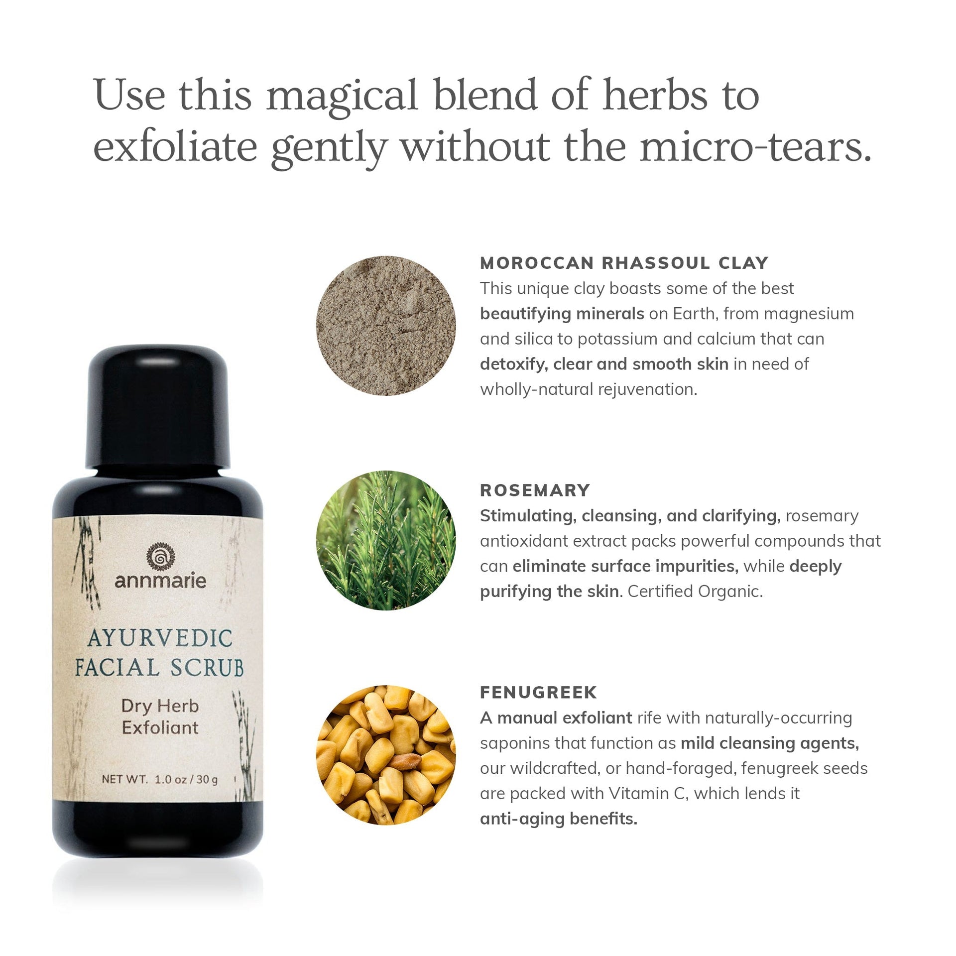 Annmarie Ayurvedic Facial Scrub featuring Rhassoul clay, horsetail, and fenugreek seed