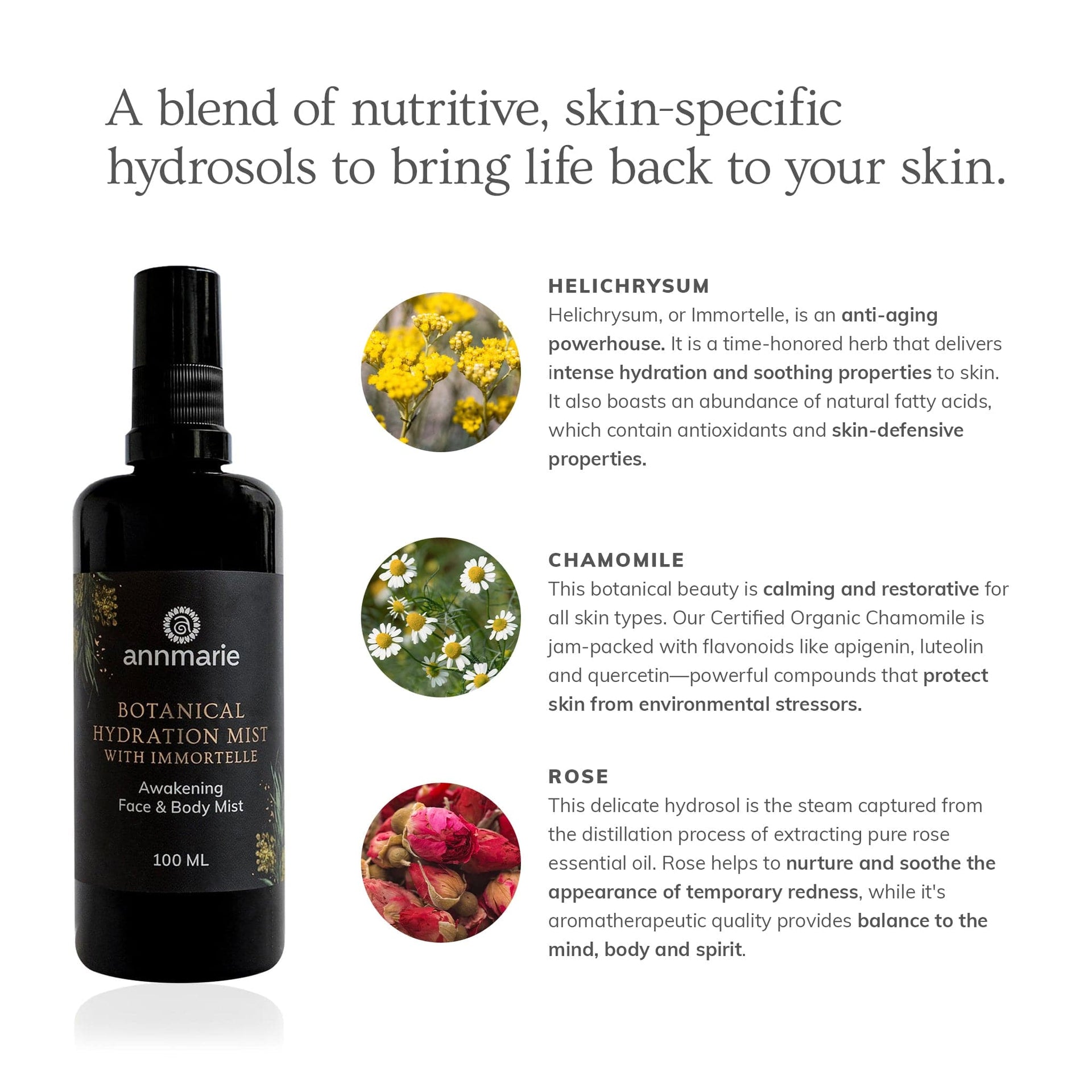 Annmarie Botanical Hydration Mist With Immortelle featuring Immortelle, chamomile, frankincense, and rose hydrosols