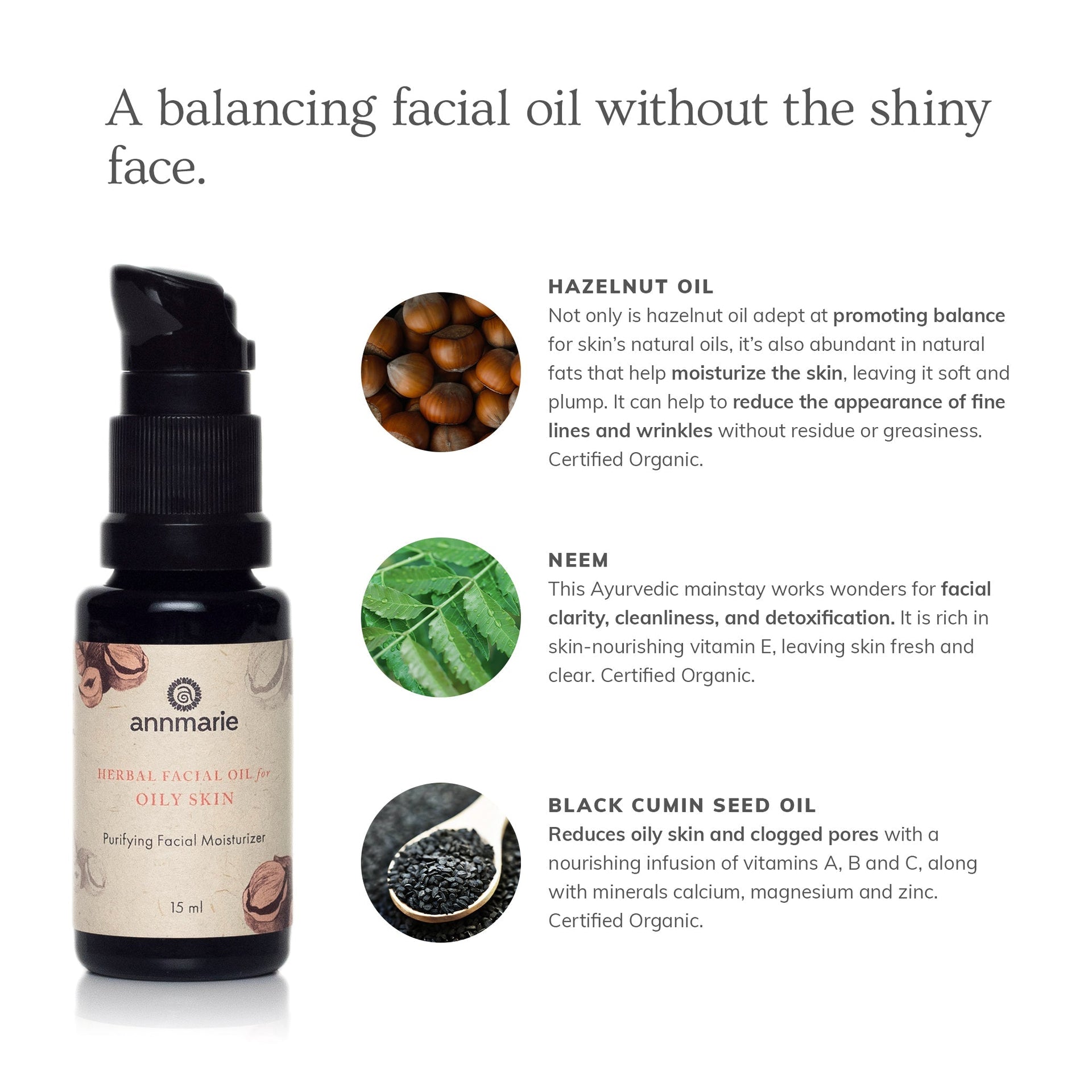 Annmarie Herbal Facial Oil for Oily Skin featuring white willow bark, neem, and grapeseed oil