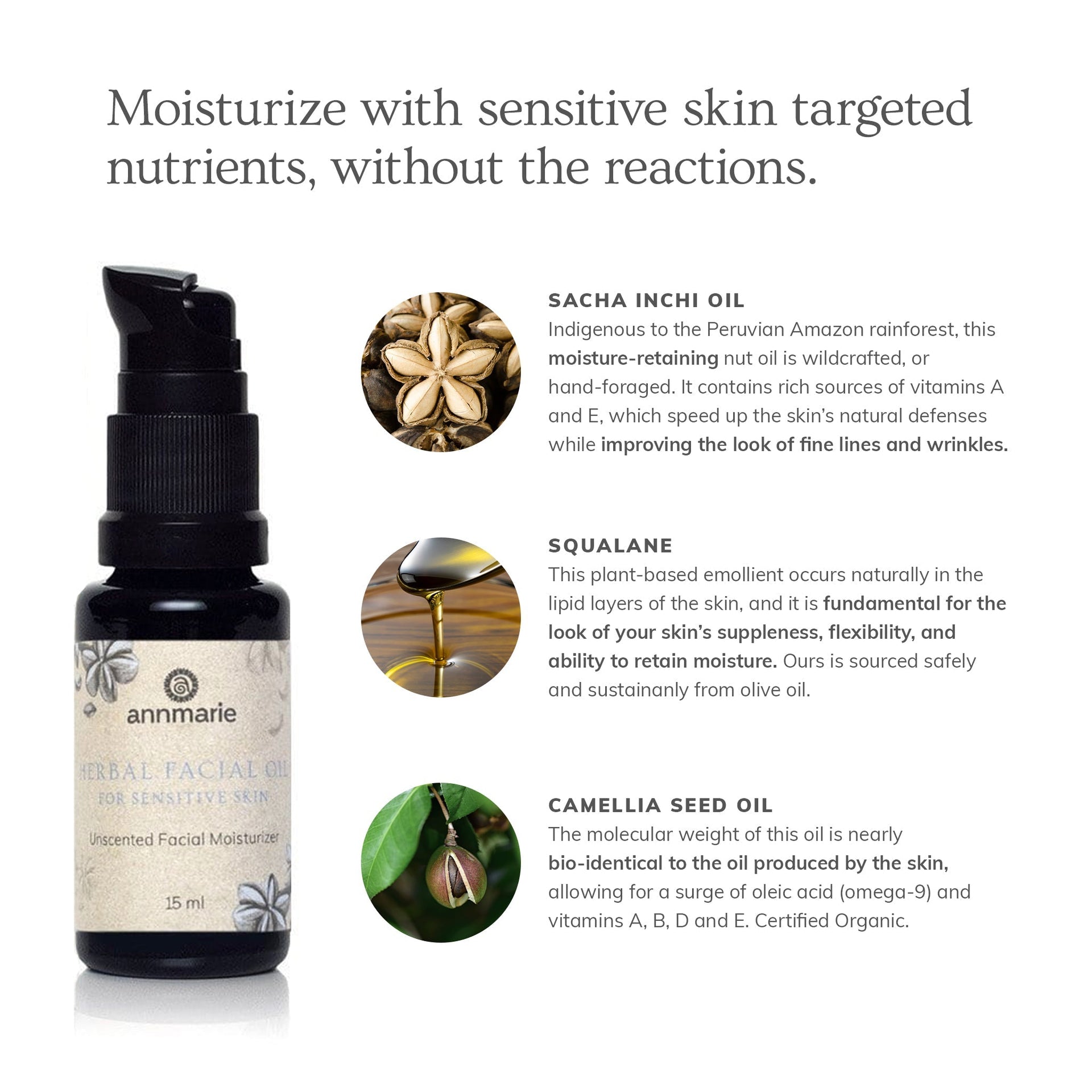 Annmarie Herbal Facial Oil for Sensitive Skin featuring sacha inchi oil, camellia seed oil, and soothing botanical ingredients