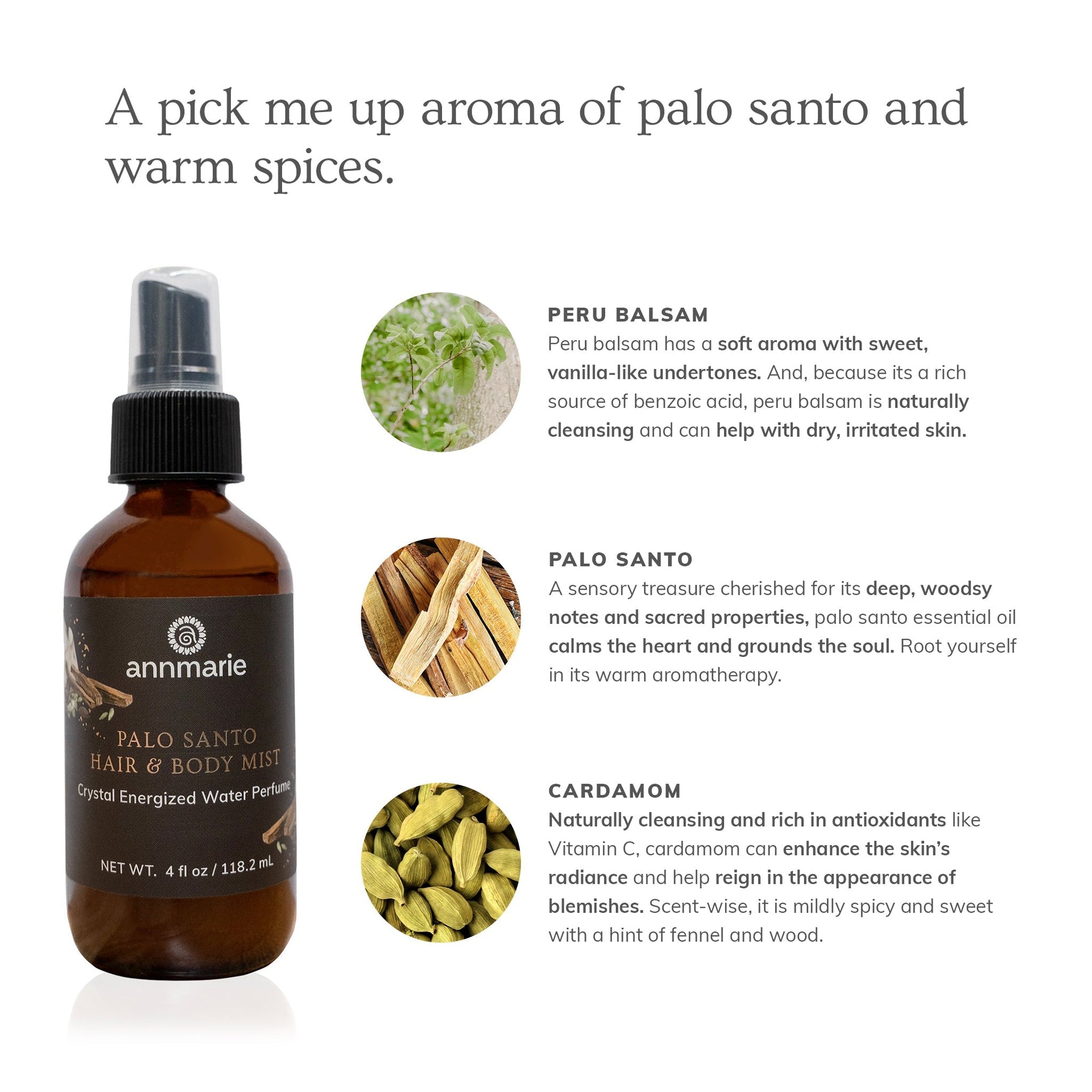 Annmarie Palo Santo Hair & Body Mist botanical ingredients and fragrance benefits infographic