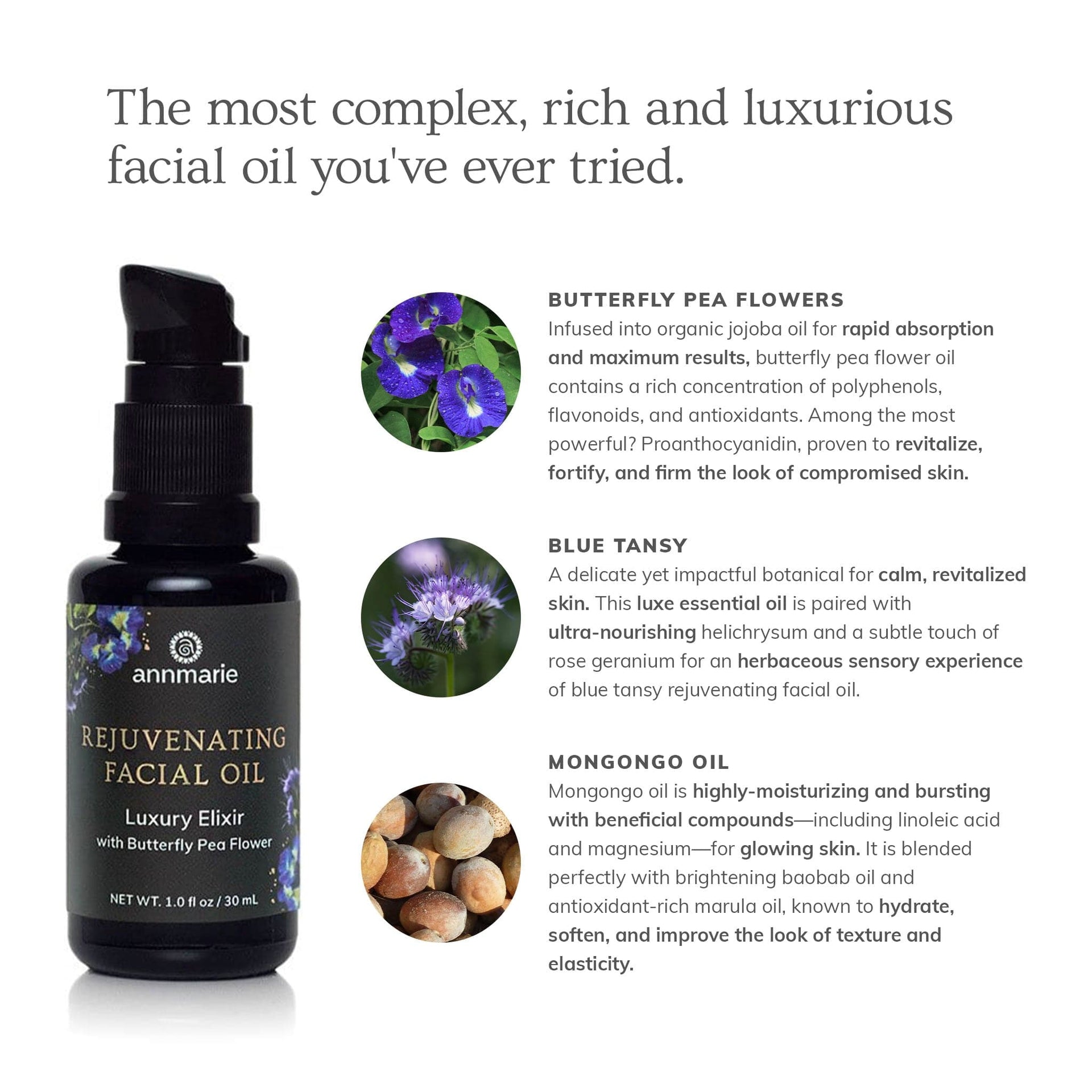 Annmarie Rejuvenating Facial Oil featuring butterfly pea flower, baobab, marula, and black cumin seed oils