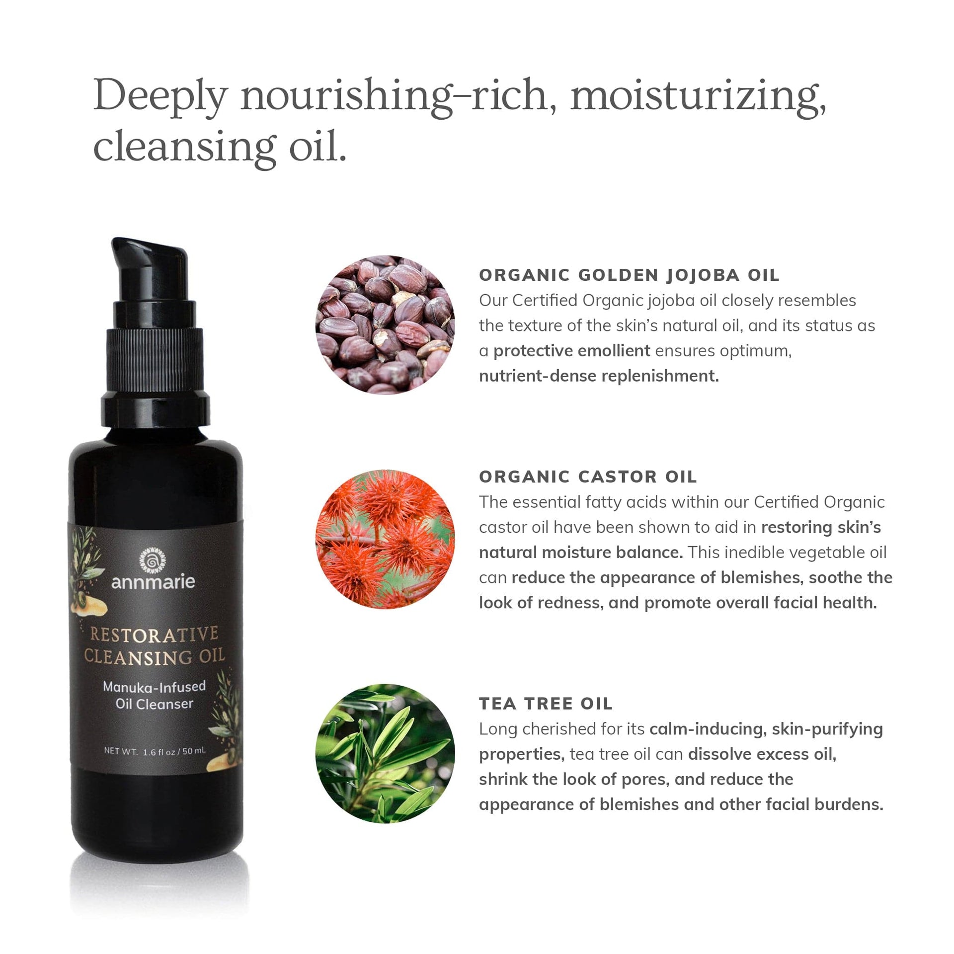 Annmarie Restorative Cleansing Oil featuring manuka oil, jojoba oil, tea tree oil, and castor oil