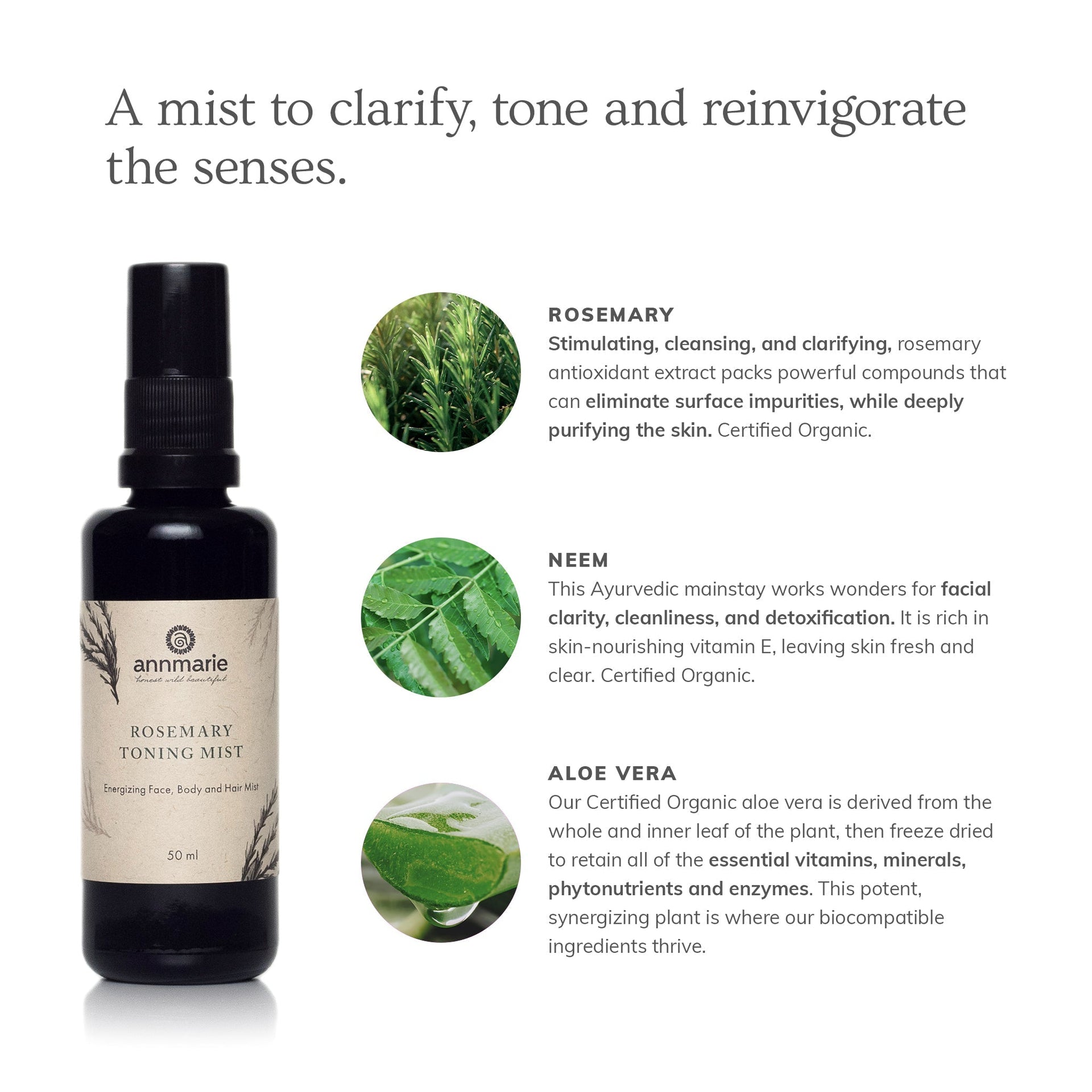 Annmarie Rosemary Toning Mist featuring rosemary, white willow bark, thyme, and neem