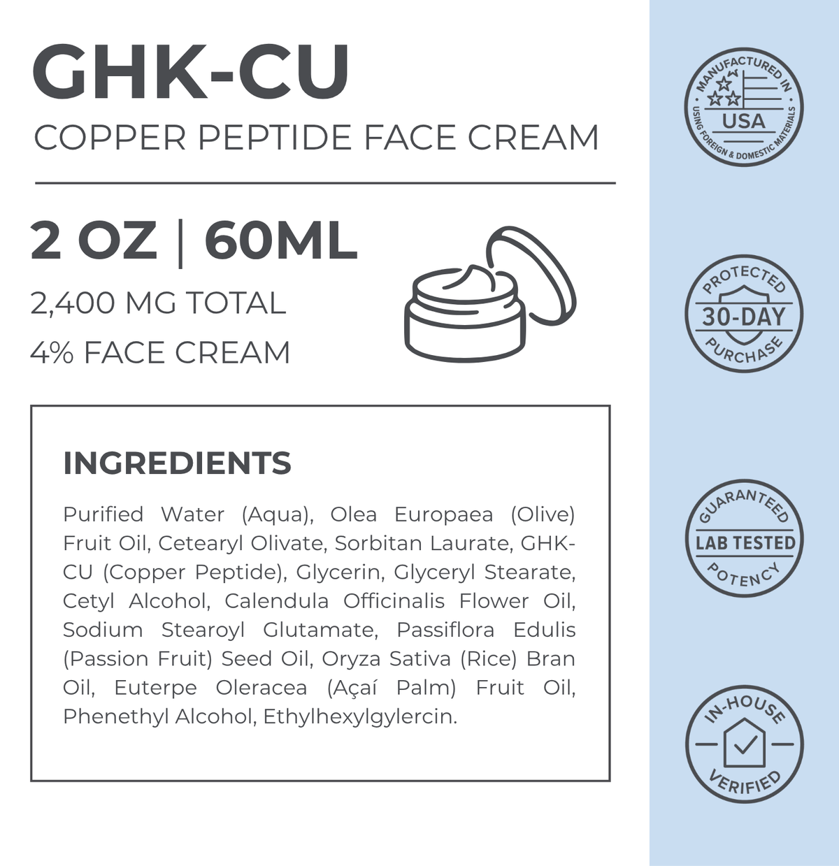 Product Facts and ingredients for Neurogan Health Advanced GHK-Cu Face Cream 2,400 mg.