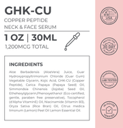 Product Facts and ingredients for Neurogan Health GHK-Cu Neck and Face Serum, 1 oz bottle.