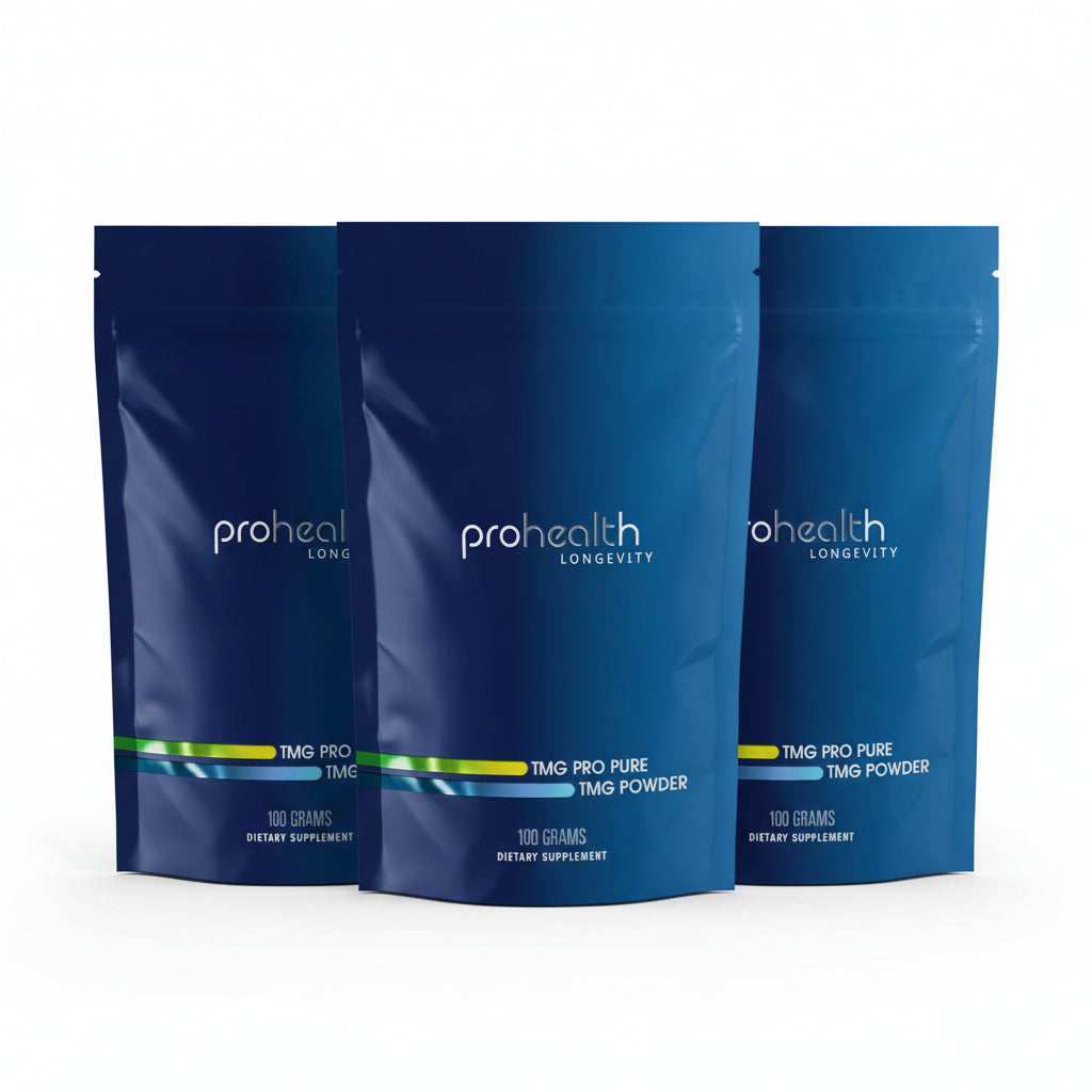 Three Packs of Prohealth Longevity TMG Pro Powder a fundamental biochemical process that supports DNA repair, neurotransmitter balance, detoxification, and overall cellular health. 
