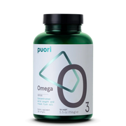 A green plastic bottle of Puori Omega 3 dietary supplement with a black cap and a white label, shown on a clean white background.
