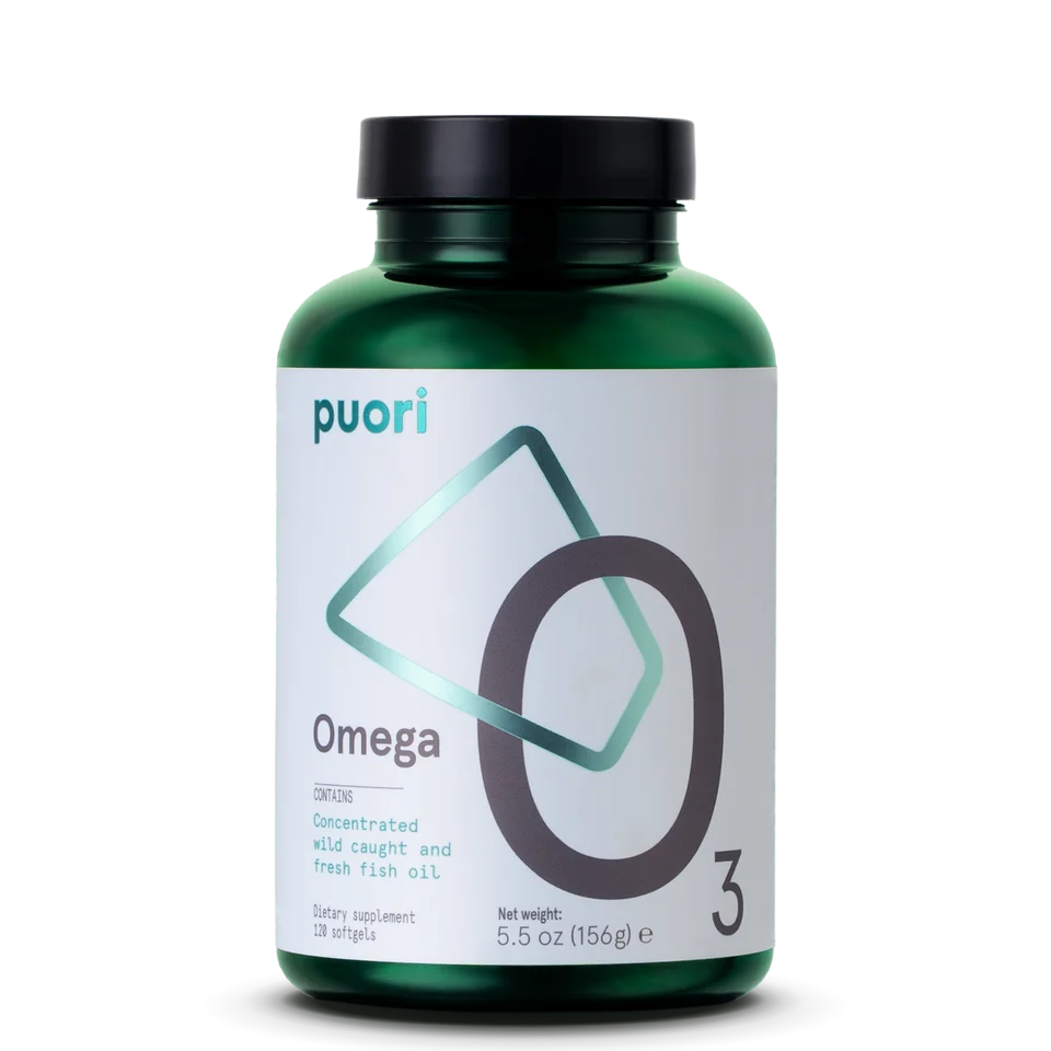 A green plastic bottle of Puori Omega 3 dietary supplement with a black cap and a white label, shown on a clean white background.