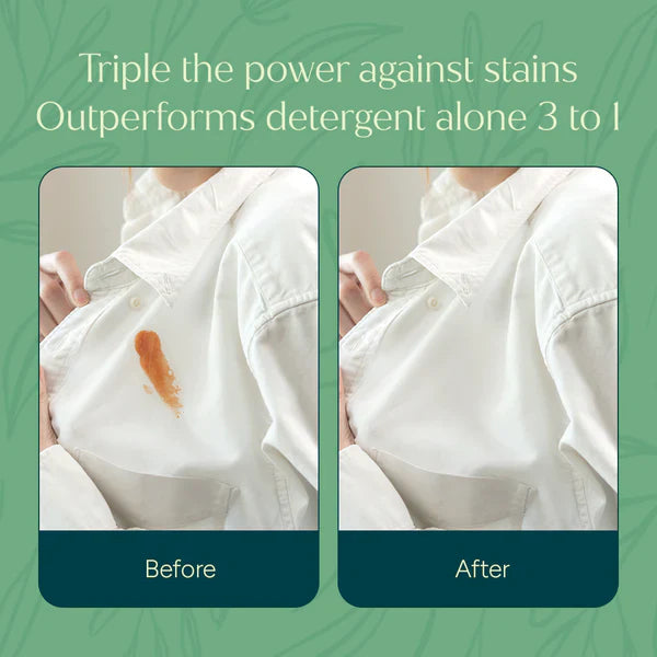 Before and after stain removal results using Puracy Laundry Stain Remover on white fabric