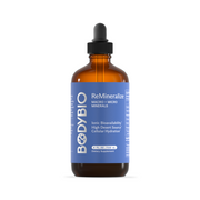 BodyBio ReMineralize liquid mineral supplement bottle with dropper, macro and trace minerals for cellular hydration and energy support