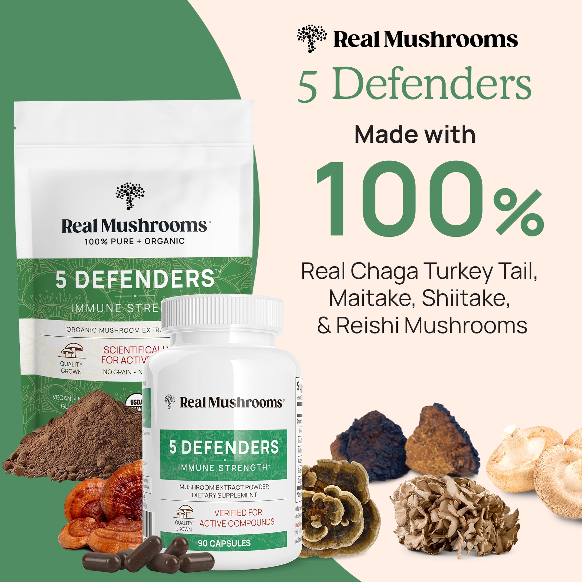 5 Defenders Organic Mushroom Blend is  made with 100% real Mushroom Ingredients