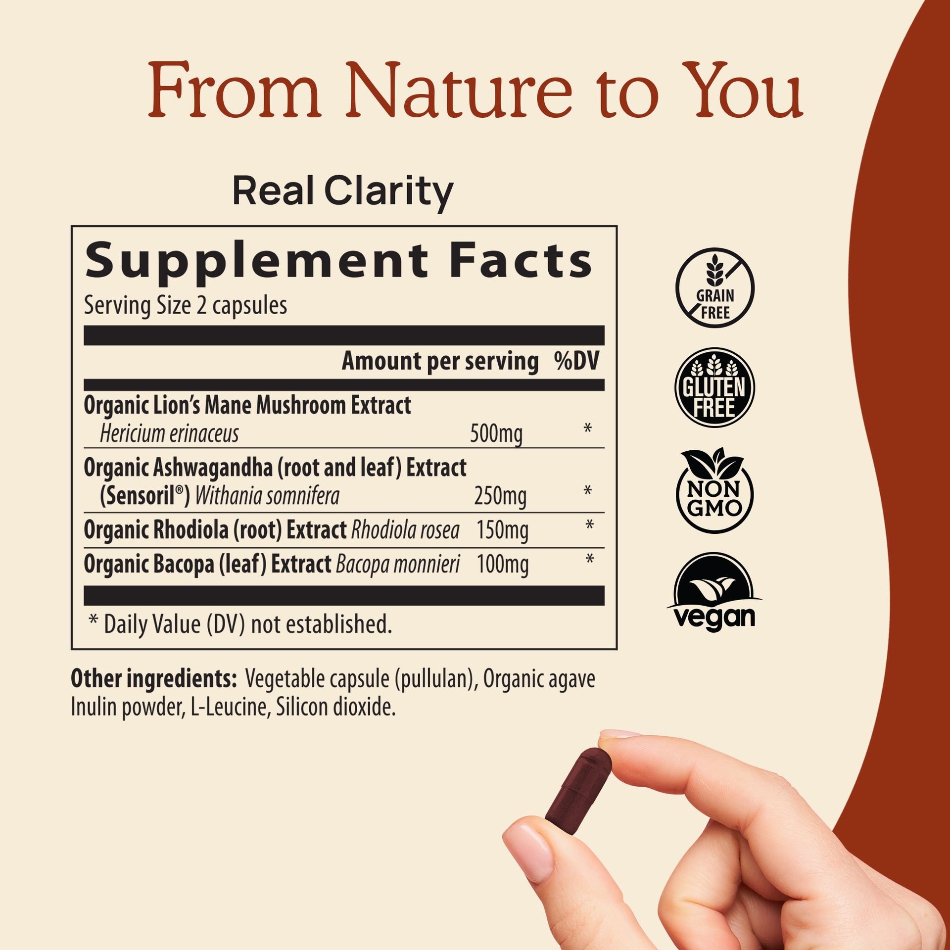 RealClarity - Lion's Mane, Ashwagandha, Rhodiola and Bacopa supplement facts