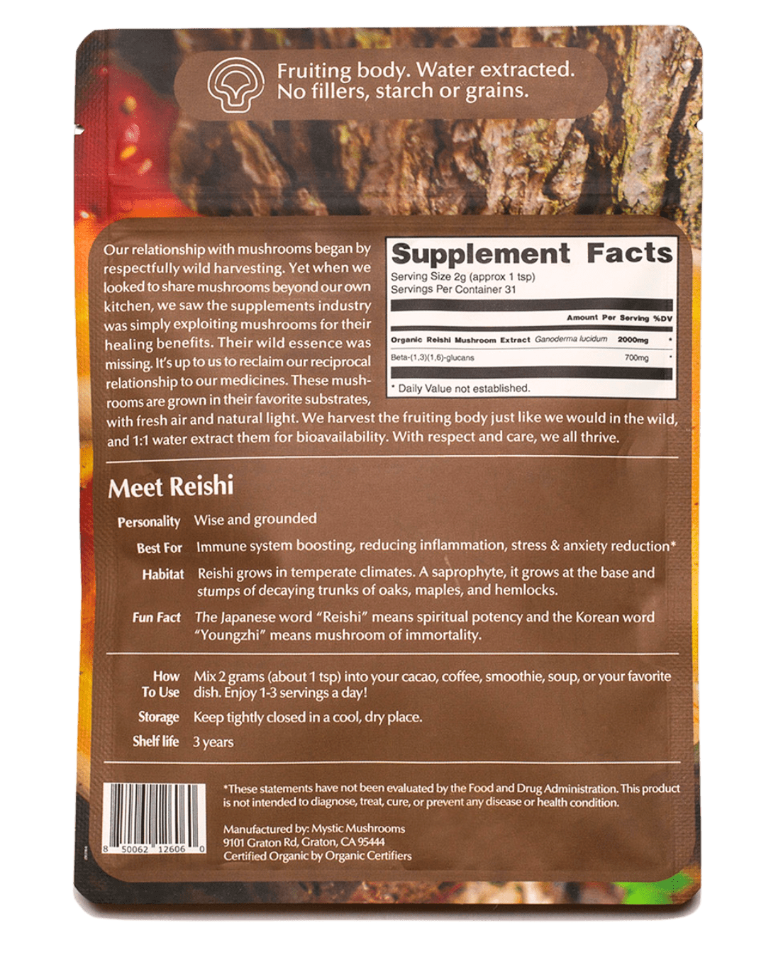 Mystic Mushrooms Reishi Supplement Facts