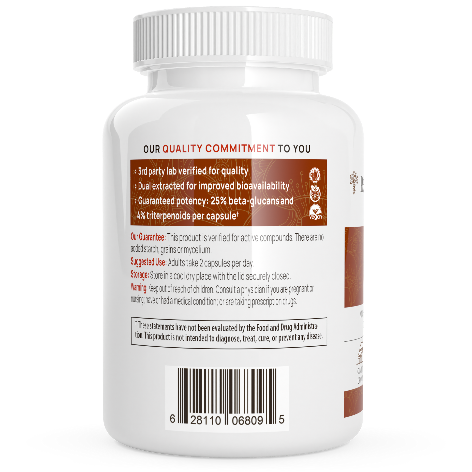 Real Mushrooms Organic Reishi Mushroom Capsules Back Label