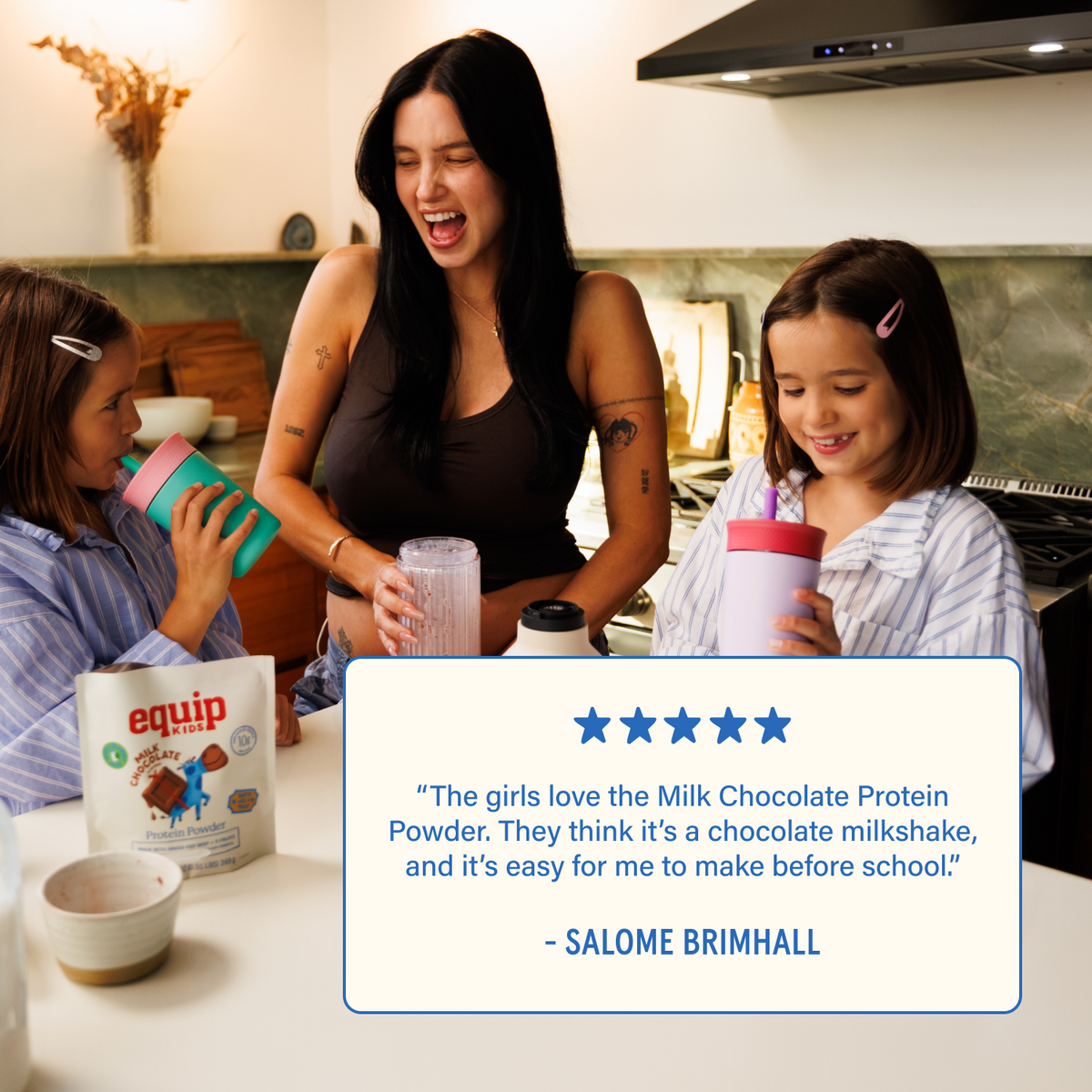 Woman and two children holding protein shakes with a five-star customer review from Salome Brimhall.