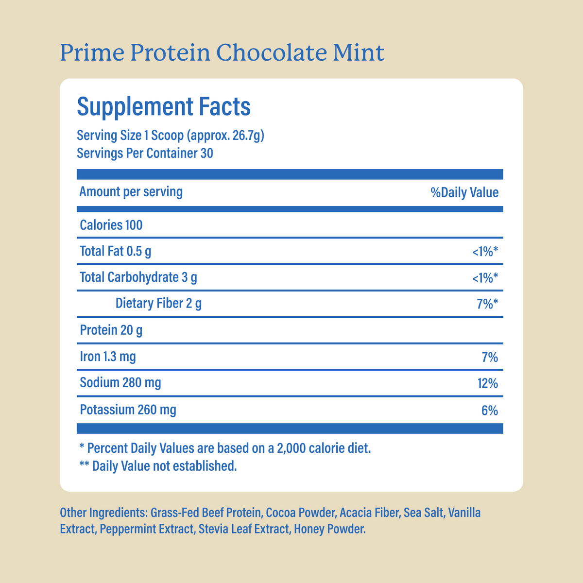Equip Prime Protein chocolate mint Supplement Facts and ingredient information