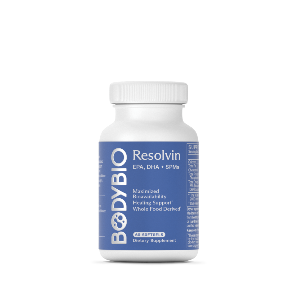 BodyBio Resolvin supplement bottle featuring omega-3 fatty acids and specialized pro-resolving mediators (SPMs) for cellular health support
